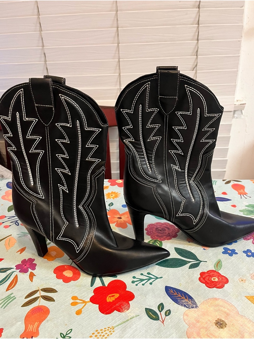 Black Western-Inspired Pointed Toe Ankle Boots